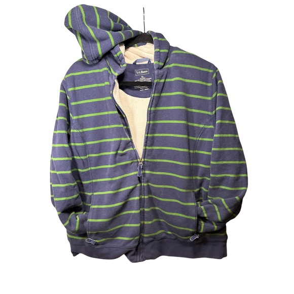 LL Bean Navy Blue Green Striped Fleece Lined Hoodie Full Zip XL - Picture 1 of 7
